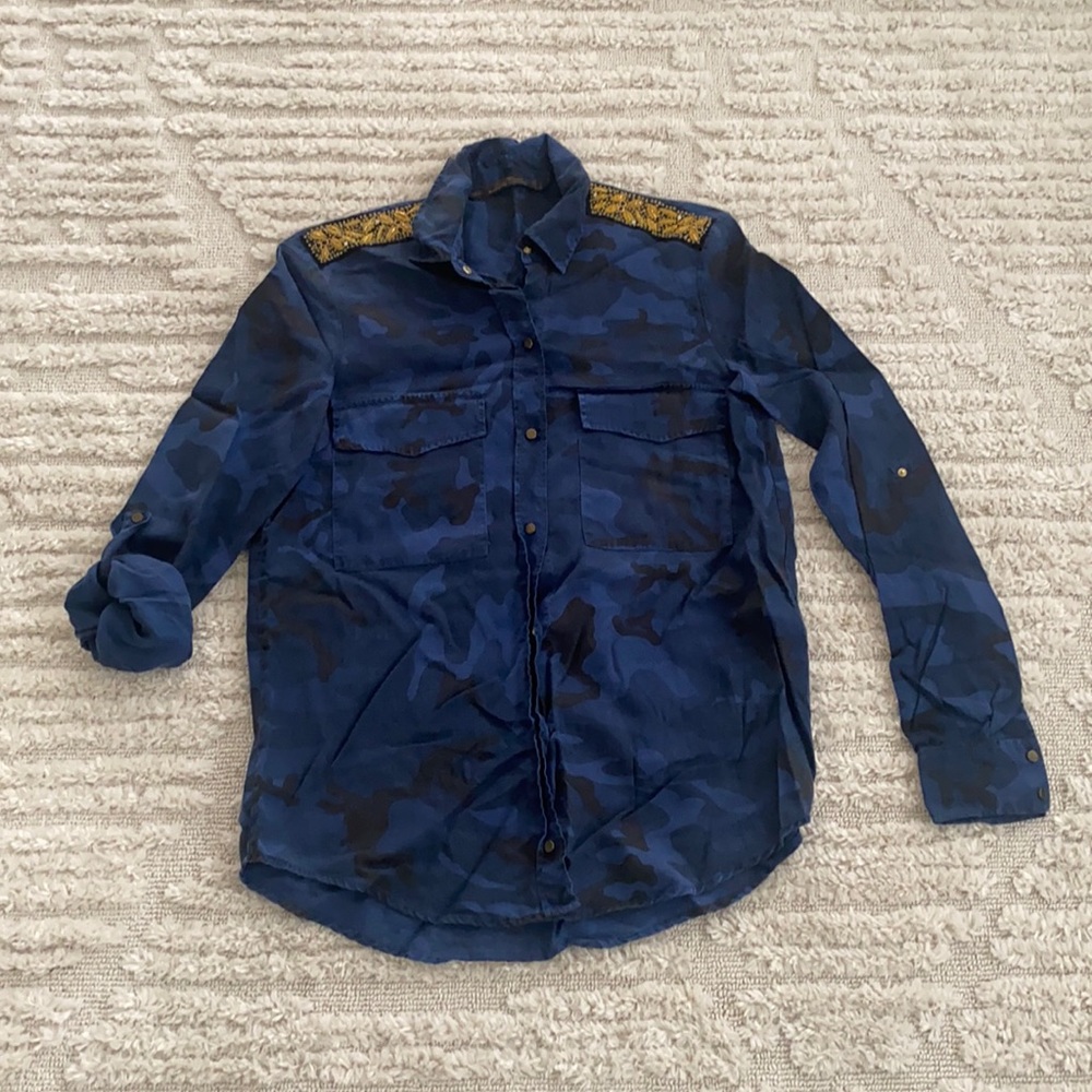 Zara Blue Camouflage Button Up Sz S